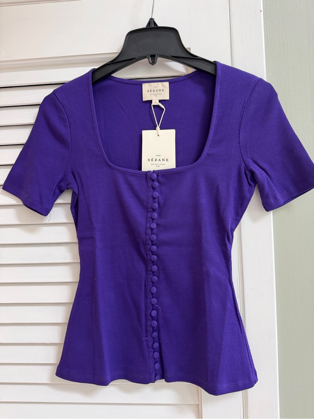 Sezane Purple Ribbed Button-Front Square Neck Tee